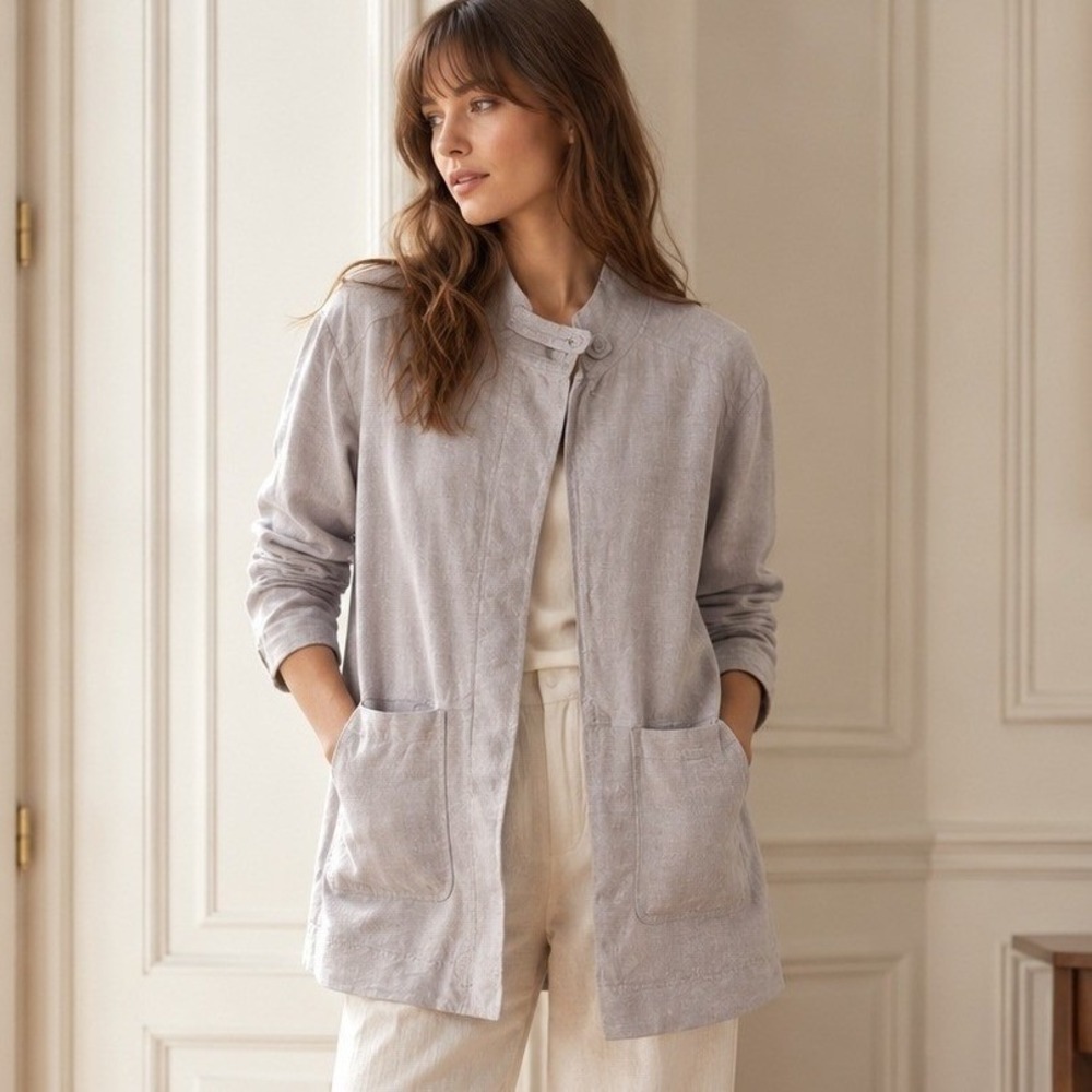 Poetry Grey 100% Linen Lightweight Utility Jacket Lagenlook Scandinavian Size 10